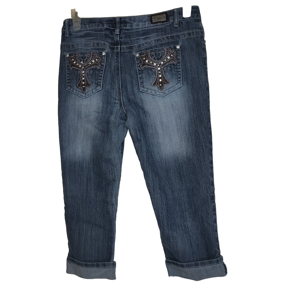 Earl Jean Denim Capris Blue Jeans Sz 8 Rhinestones Embellished BLING Stretch